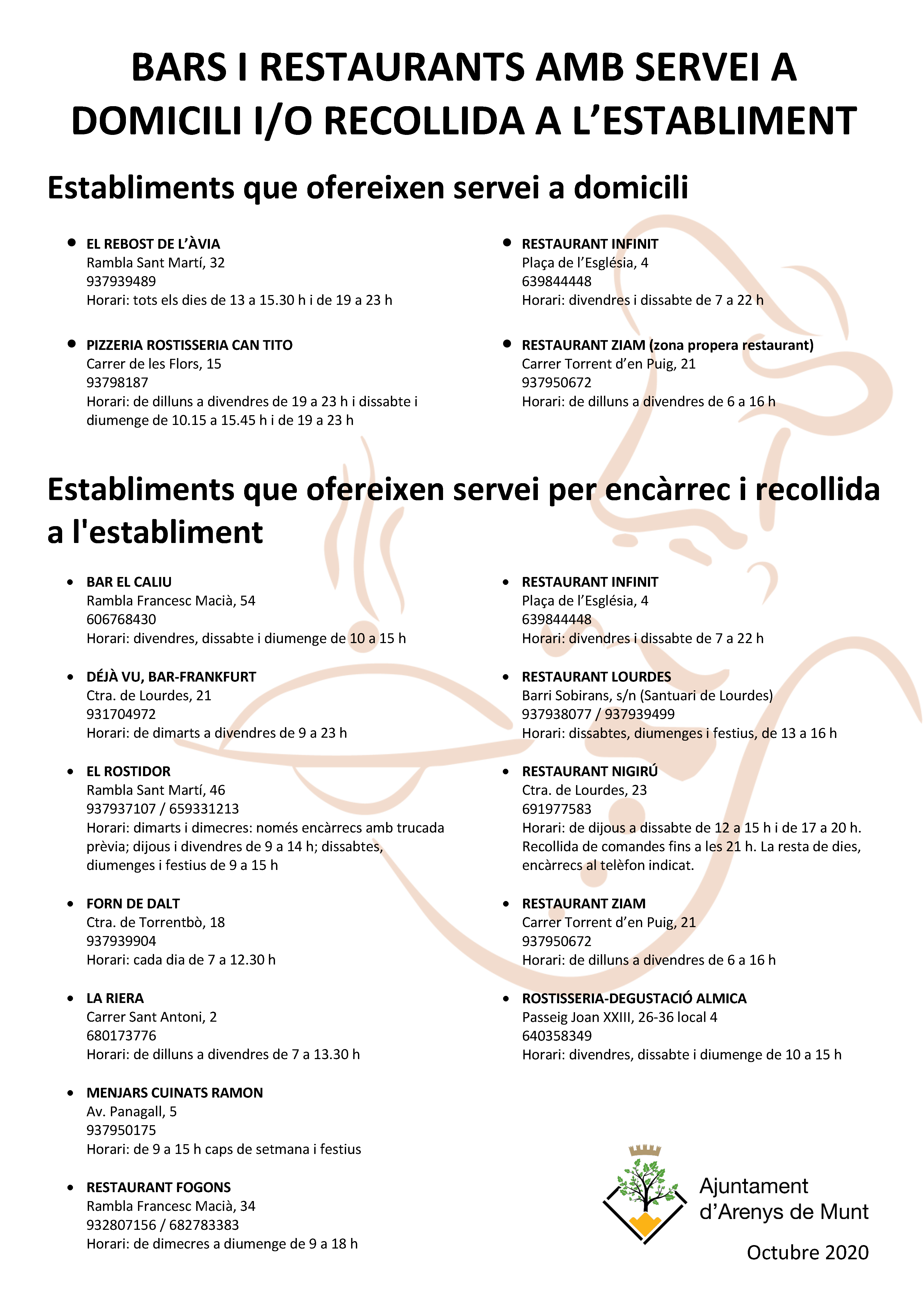 Cartell Bars i restaurants amb servei a domicili octubre 2020