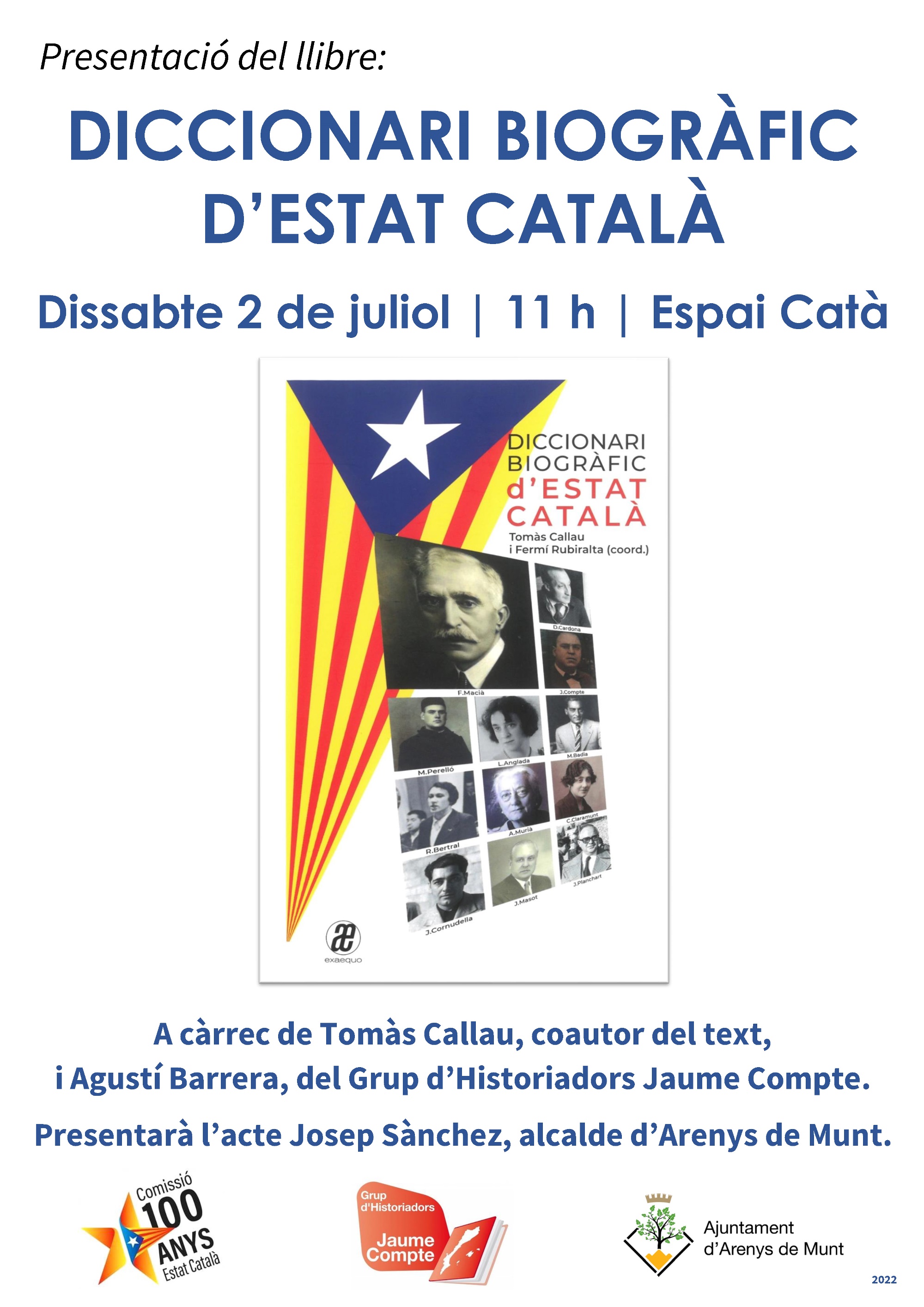 Cartell Presentació llibre "Diccionari biogràfic d'Estat Català" 2-7-22
