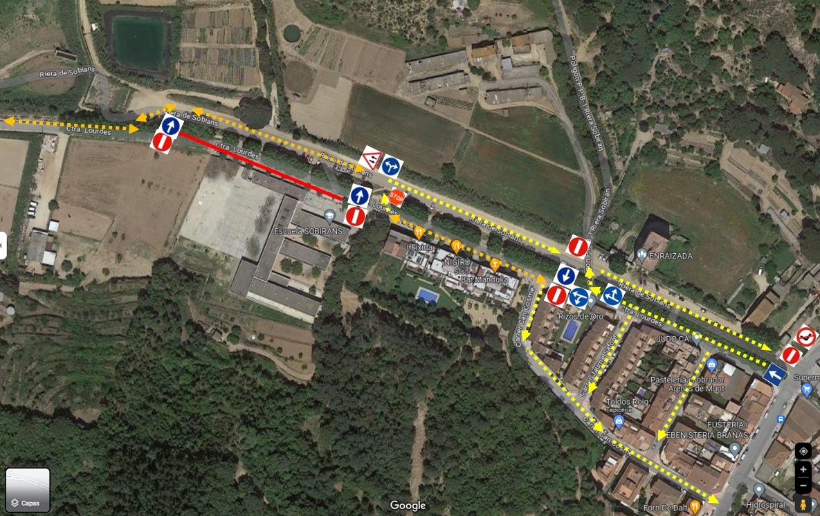 Plànol de circulació durant l'entrada i sortida d'alumnes de l'Escola Sobirans a la carretera de Lourdes i la riera de Sobirans