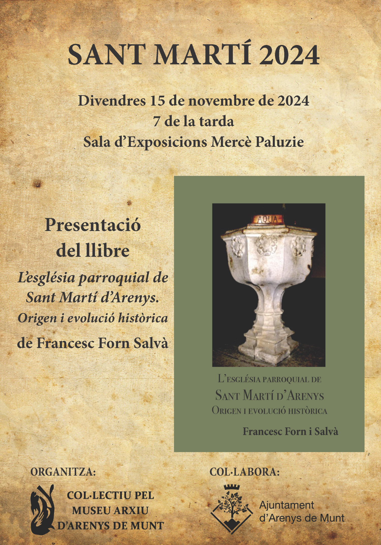 Cartell Presentació llibre Francesc Forn 'L'església parroquial de Sant Martí d'Arenys' 15-11-24