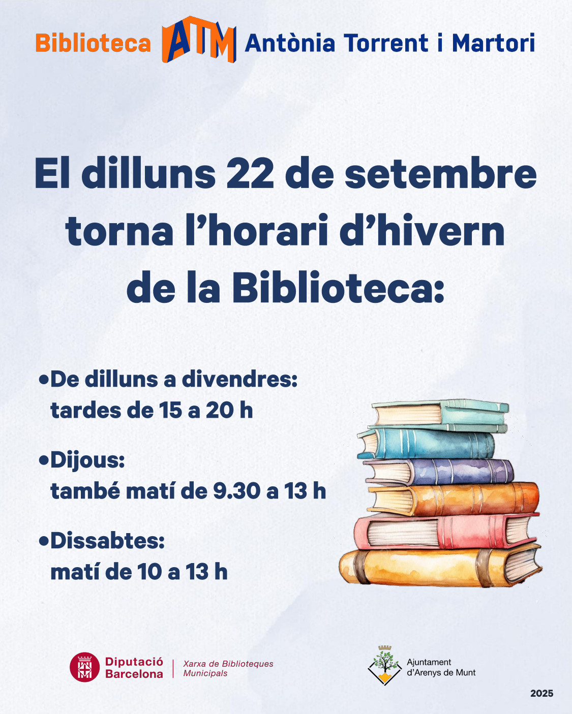 El dilluns 22 de setembre torna l'horari d'hivern a la biblioteca