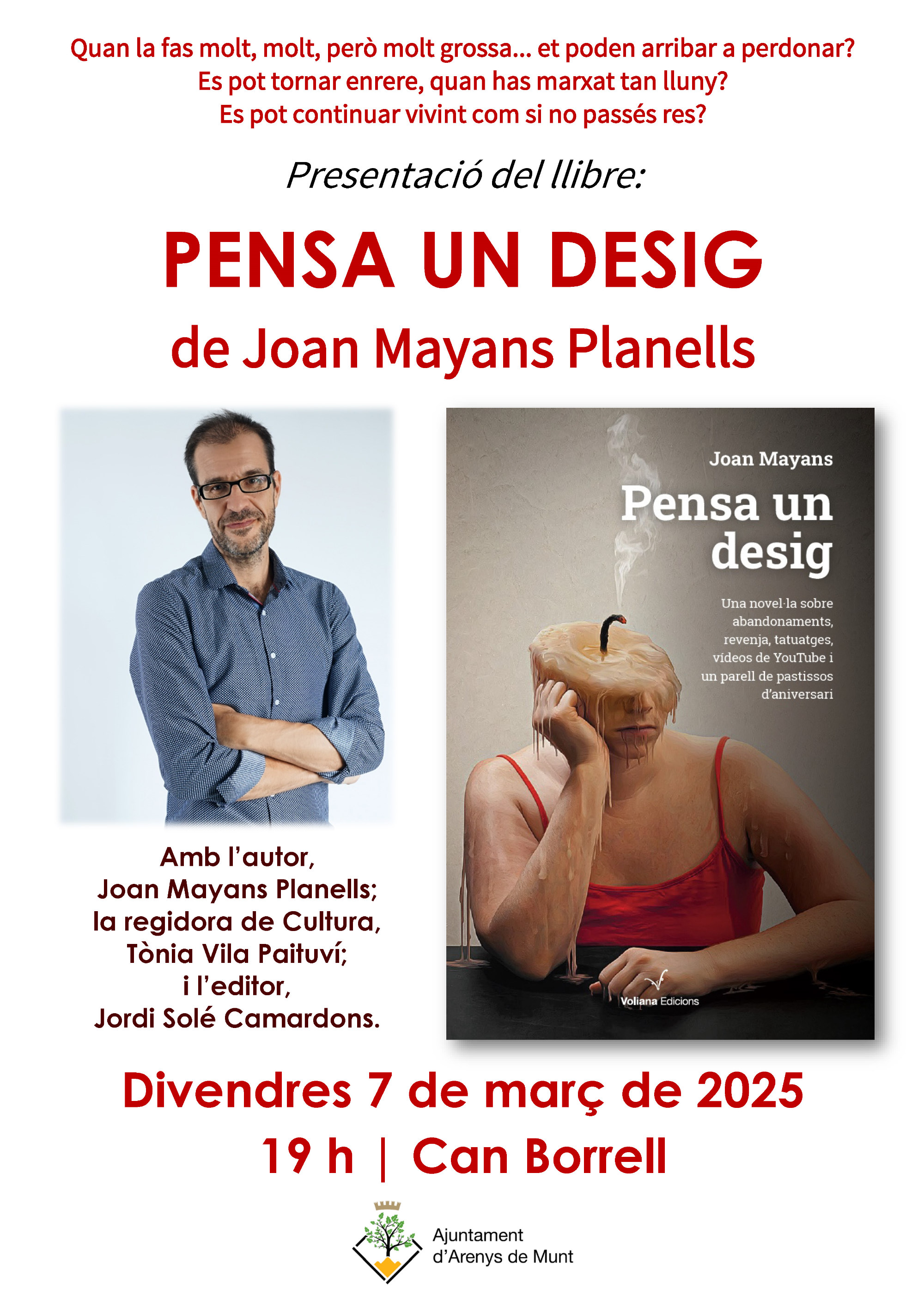 Cartell Presentació llibre 'Pensa un desig' de Joan Mayans Planells 7-3-25