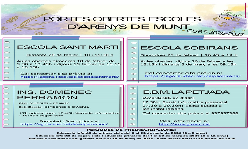 Arenys de Munt obre les escoles a les fam&iacute;lies de cara al CURS 2026-2027