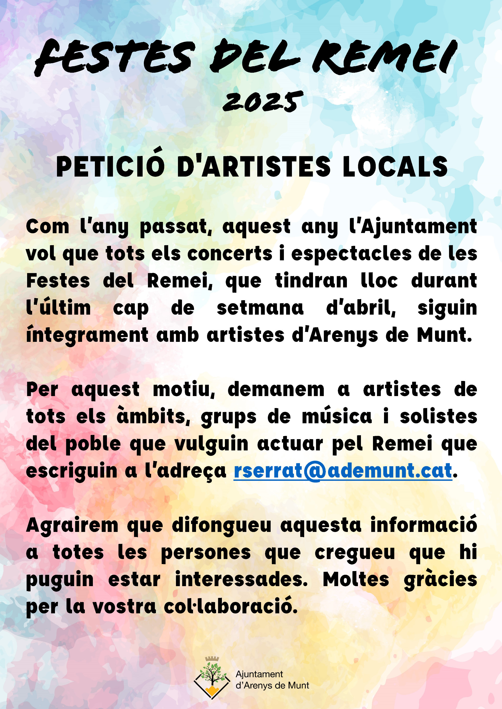 Cartell petició d'artistes locals Festes del Remei 2025