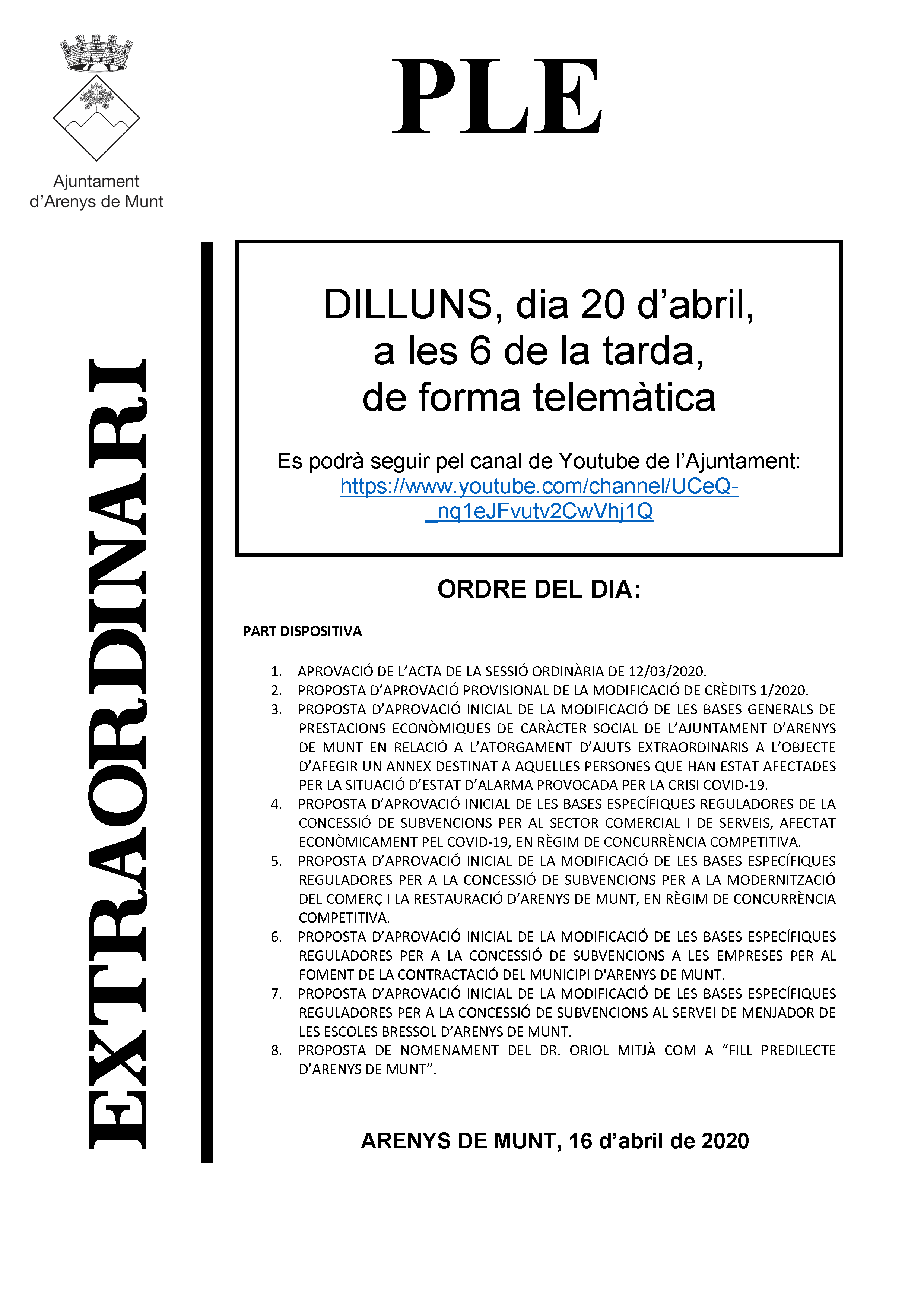 Ple extraordinari telemàtic el dilluns 20 d'abril