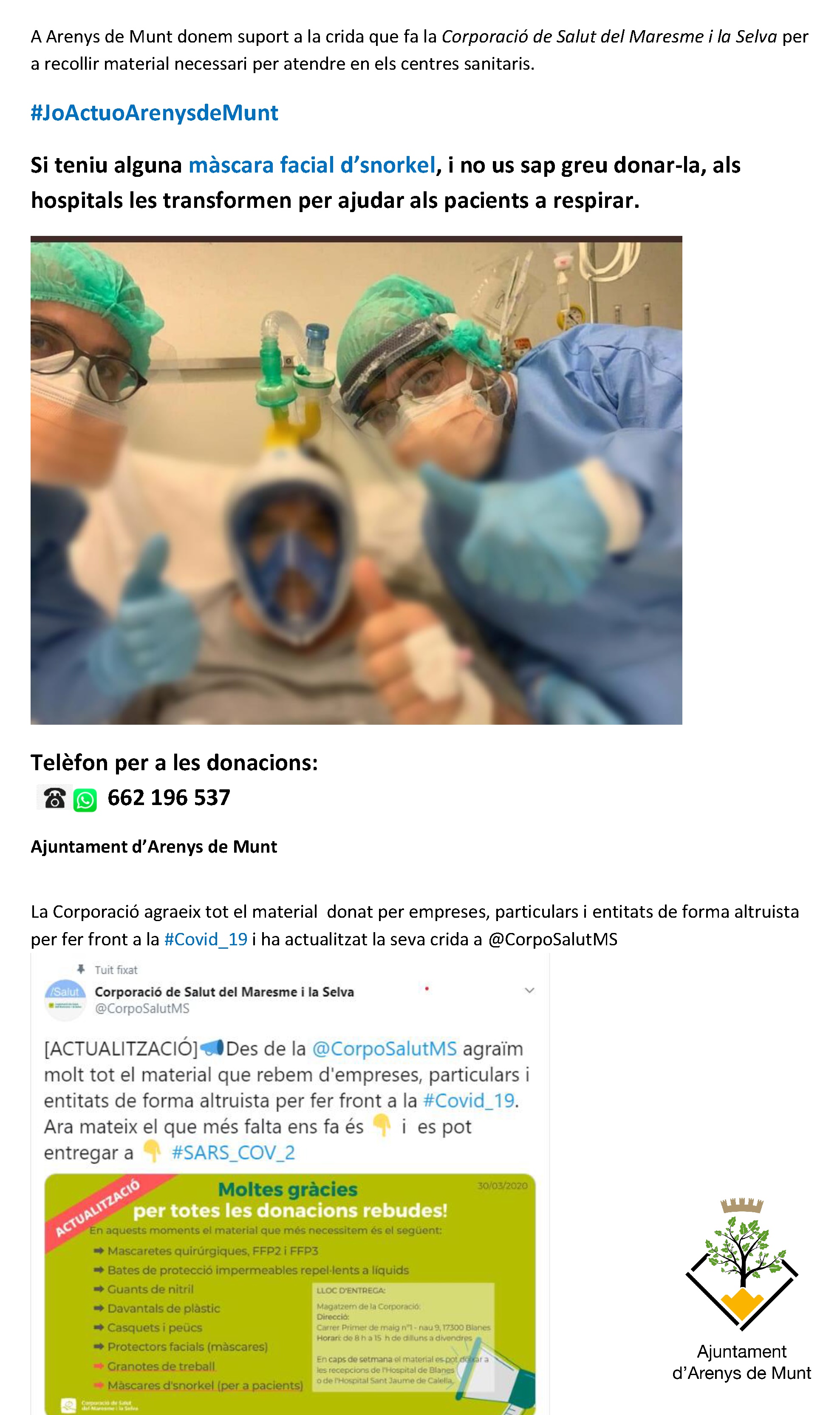 Recollida de material necessari per a centres sanitaris i residències